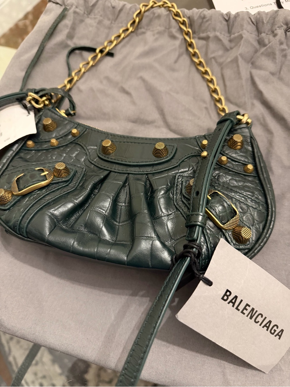Balenciaga Dark Green Croc-Embossed Leather Shoulder Bag with Gold Hardware - Picture 2 of 3